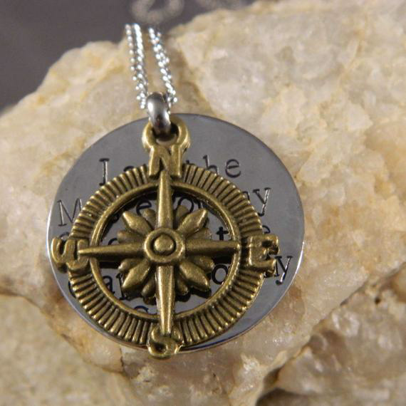 I Am the Master of my Fate, I am the Captain of my Soul with Bronze Compass Handstamped Necklace